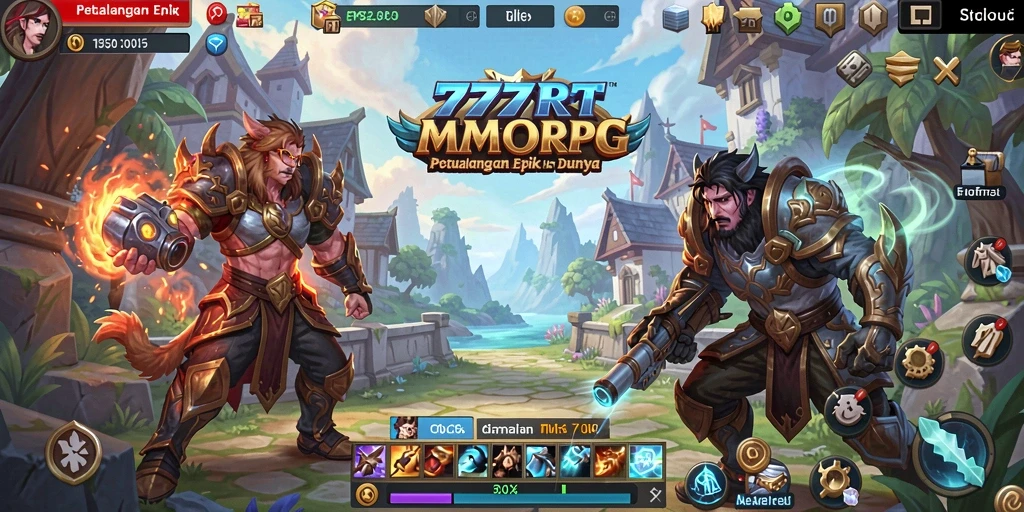 Tangkapan layar gameplay 777RT menampilkan aksi pertempuran karakter dalam dunia MMORPG.