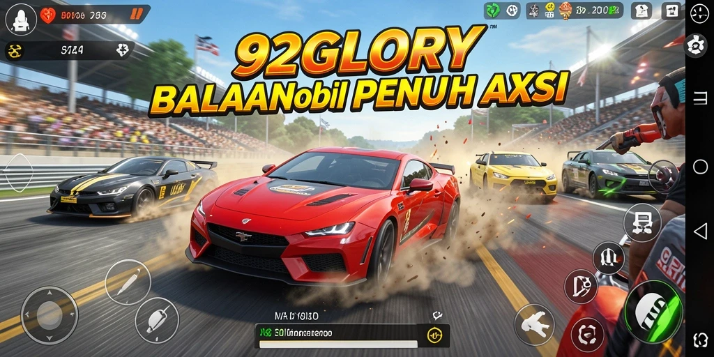 Screenshot menampilkan akselerasi mobil dalam balapan seru di 92GLORY.