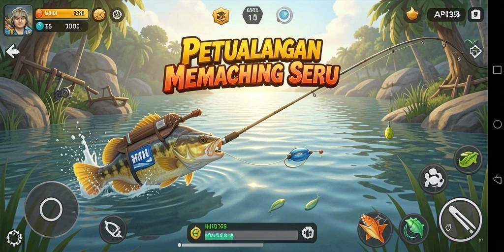 Tampilan gameplay seru dalam API33 saat menangkap ikan besar.
