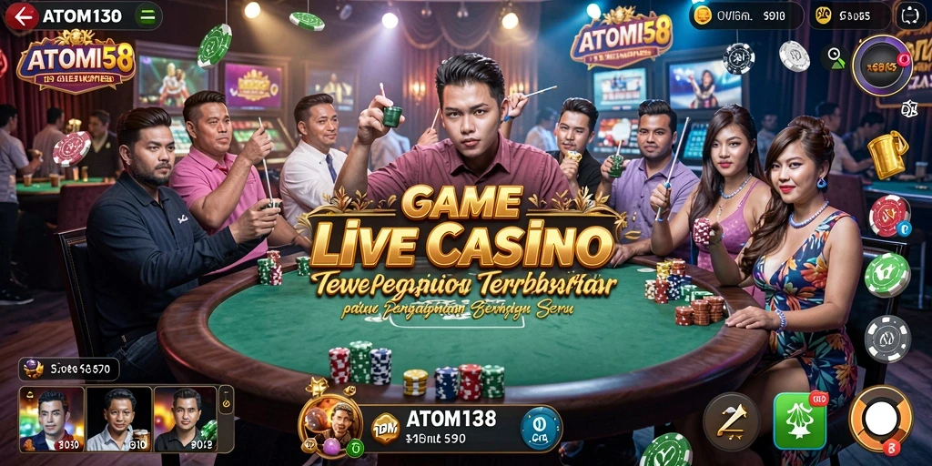 Screenshot ATOM138 menunjukkan dealer profesional dalam permainan Live Casino.