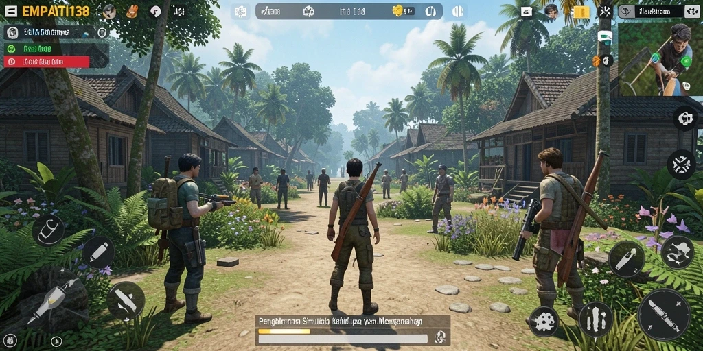 Tampilan gameplay <strong>EMPATI138</strong> dengan karakter yang berinteraksi dan beraktivitas.