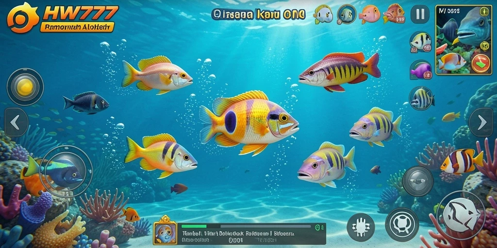 Tampilan gameplay HW777 yang seru dengan berbagai jenis ikan.