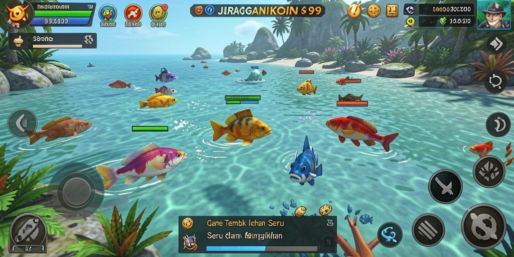 Tampilan seru gameplay JURAGANKOIN99 dengan aksi menembak ikan.