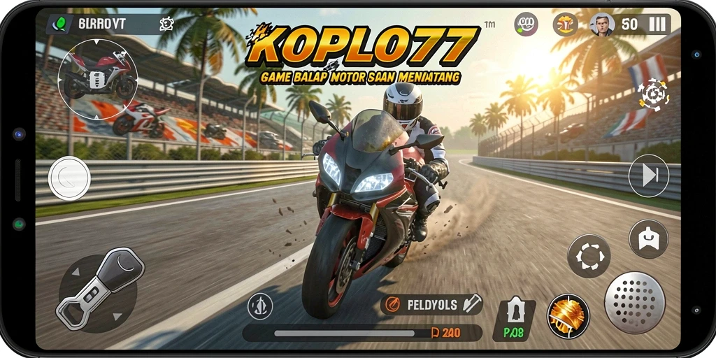 Screenshot gameplay KOPLO77 menunjukkan aksi balap motor yang mendebarkan.