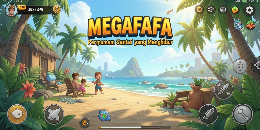 Tangkapan layar utama MEGAFAFA menunjukkan karakter yang ceria dalam gameplay santai.