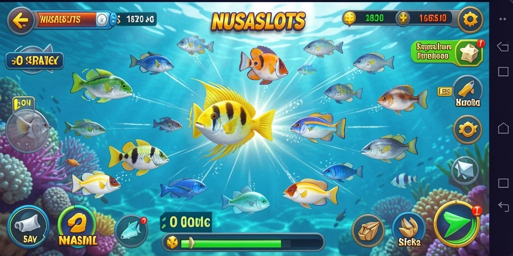 Tampilan gameplay seru dalam NUSASLOTS saat menembak ikan.
