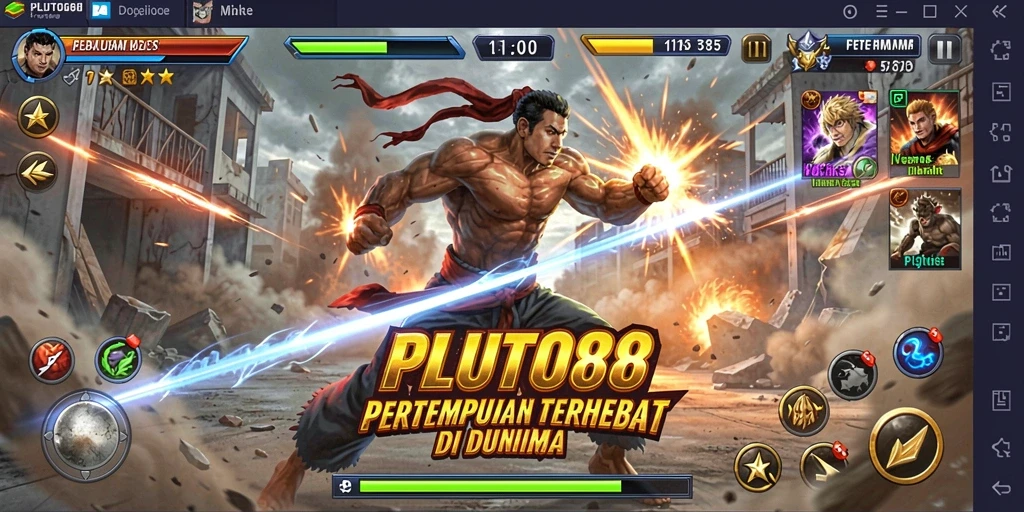 Tangkapan layar utama PLUTO88 yang menunjukkan aksi pertarungan penuh intensitas.