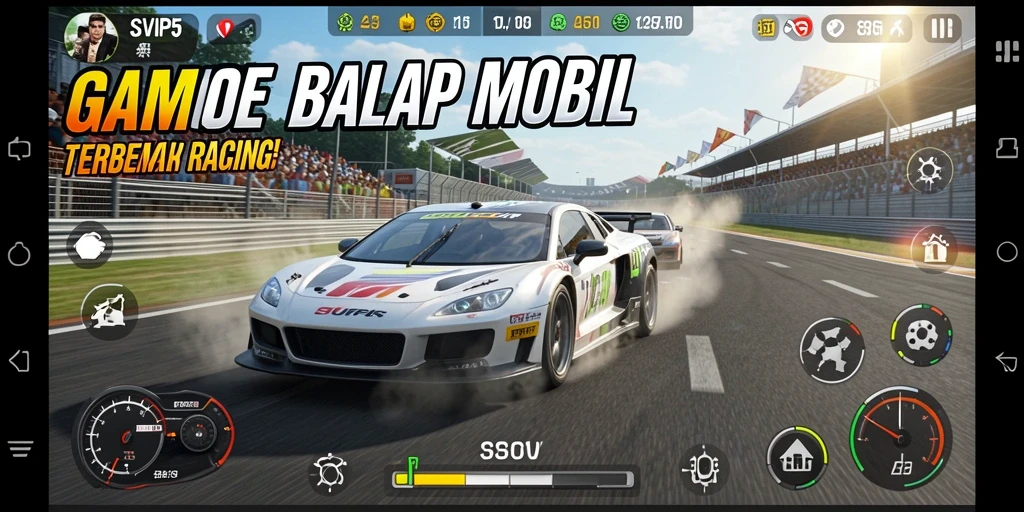 Screenshot gameplay SVIP5 menampilkan aksi balapan yang mendebarkan di trek.